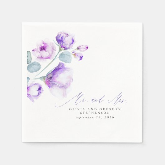 Serviette En Papier Dusty Purple Floral Élégant M. et Mme Mariage (Devant)