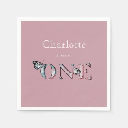 Serviette En Papier Dusty Rose 1er anniversaire avec papillons (Devant)