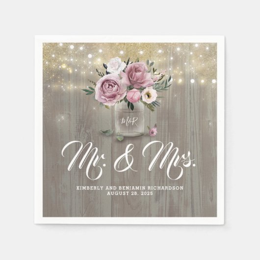 Serviette En Papier Dusty Rose Floral Mason Jar rustique Pays Bois (Devant)