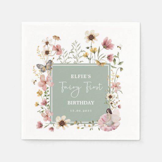 Serviette En Papier Dusty rose Sage Fleur sauvage Fairy 1er anniversai (Devant)