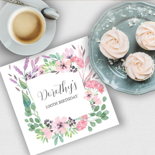 Serviette En Papier Dusty rose violet Fleur sauvage 100e fête d'annive