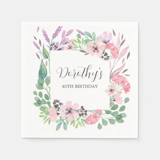 Serviette En Papier Dusty rose violet Fleur sauvage 40e fête d'anniver (Devant)