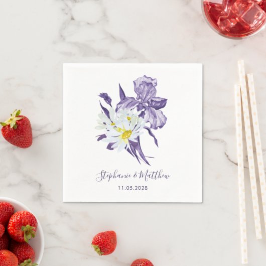 Serviette En Papier Dusty violet Iris blanc marguerite Mariage botaniq (En situation)