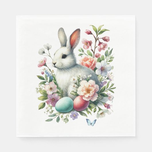 Serviette En Papier Easter Aquarelle Lapin, Oeufs & Fleurs (Devant)