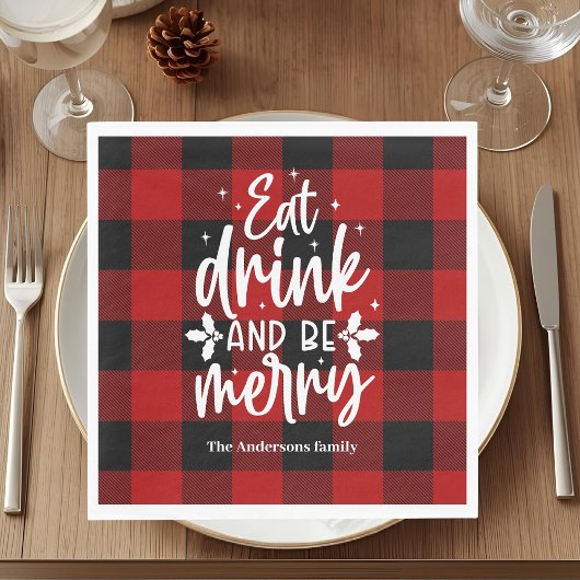 Serviette En Papier Eat Drink & Be Merry Red Buffalo Plaid Christmas