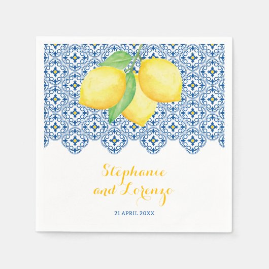 Serviette En Papier Eau méditerranéenne Citrons Carrelage bleu Mariage (Devant)