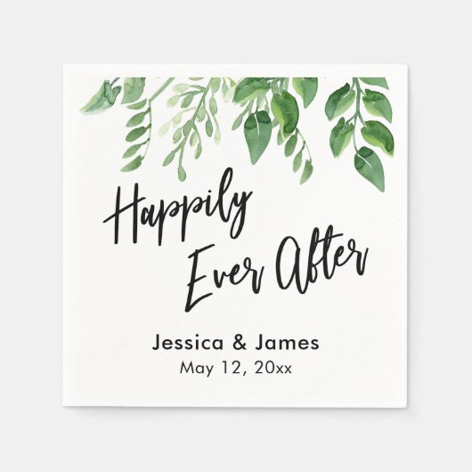Serviette En Papier Eau Vert Écriture À La Main Heureux Jamais Après (Devant)