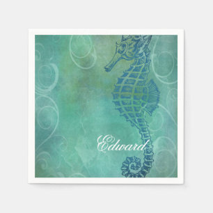 Serviette En Papier Eaux bleues, Cheval de mer et floraison