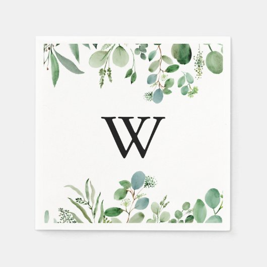 Serviette En Papier Écalyptus vert Calligraphie Monogramme Mariage (Devant)