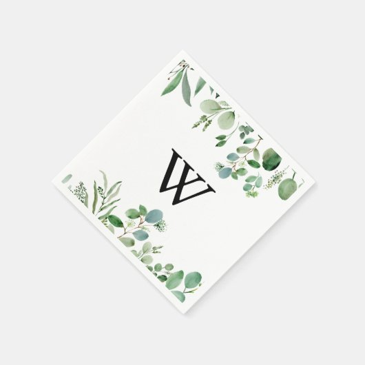 Serviette En Papier Écalyptus vert Calligraphie Monogramme Mariage (Coin)
