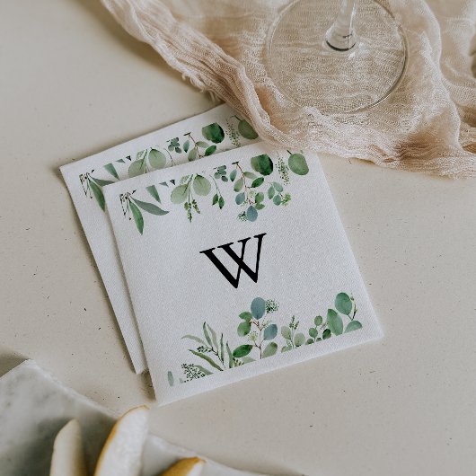 Serviette En Papier Écalyptus vert Calligraphie Monogramme Mariage