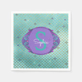 Serviette En Papier Échelle de sirène turquoise et violette Monogramme (Devant)