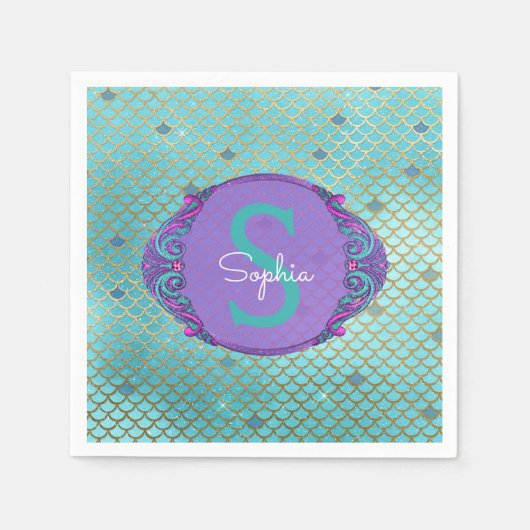 Serviette En Papier Échelle de sirène turquoise et violette Monogramme (Devant)