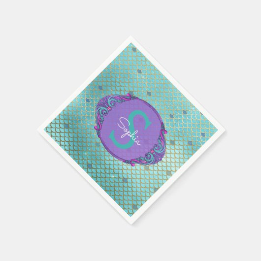 Serviette En Papier Échelle de sirène turquoise et violette Monogramme (Coin)