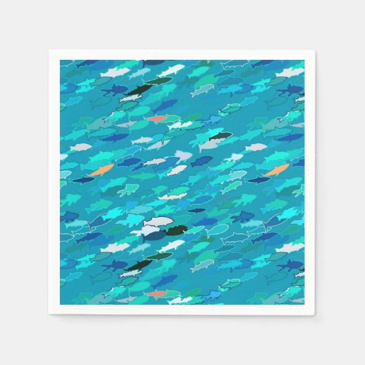 Serviette En Papier École de Poissons, Turquoise, Bleu et Aqua (Devant)