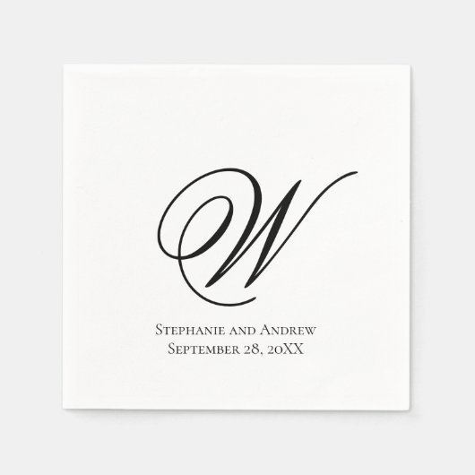 Serviette En Papier Écriture Monogramme Noir Blanc Élégant Mariage (Devant)