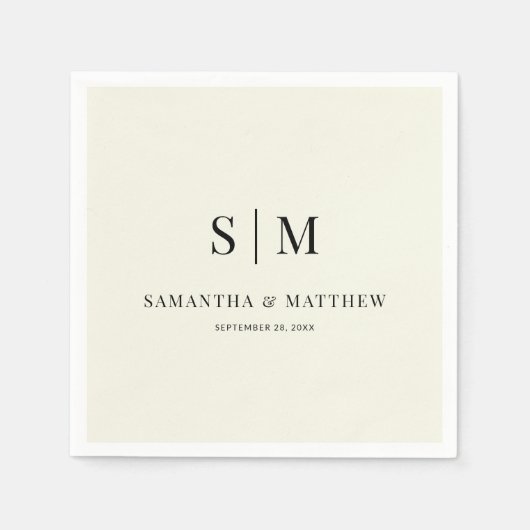 Serviette En Papier Ecru Ivory Simple Élégant Couple Initiales Mariage (Devant)