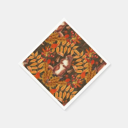 Serviette En Papier Écureuil d'automne sur brun foncé (Coin)