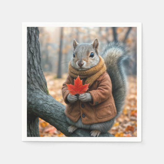 Serviette En Papier Écureuil d'automne tenant une feuille d'érable rou (Devant)