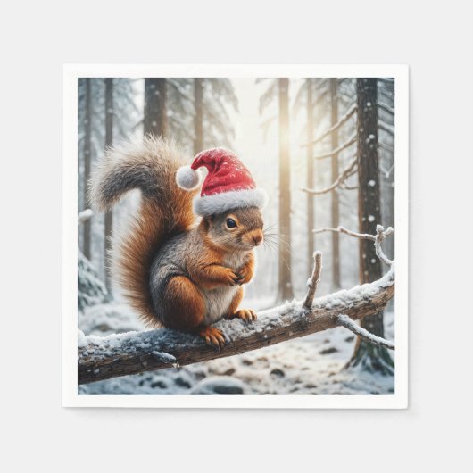 Serviette En Papier Écureuil de Noël sur la branche des arbres neigeux (Devant)