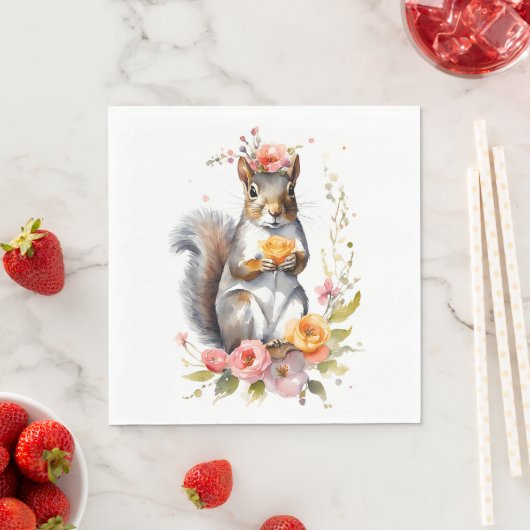 Serviette En Papier Écureuil mignon aux fleurs (En situation)