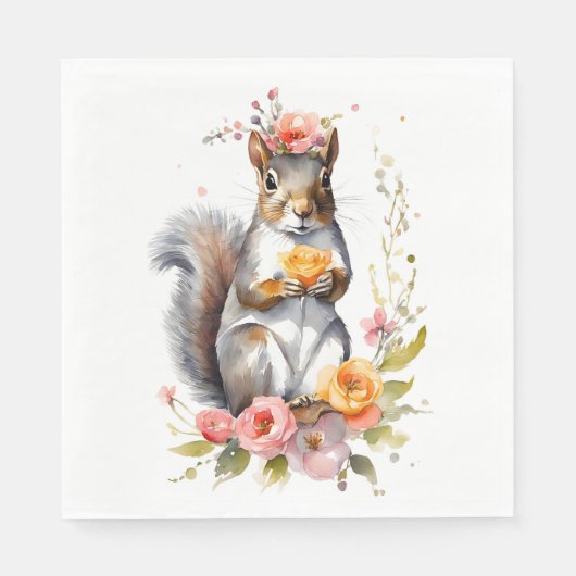 Serviette En Papier Écureuil mignon aux fleurs (Devant)