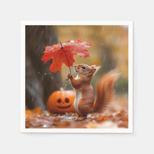 Serviette En Papier Écureuil mignon avec un parapluie en feuille - Plu