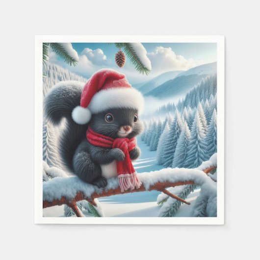 Serviette En Papier Écureuil noir avec chapeau de Père Noël (Devant)