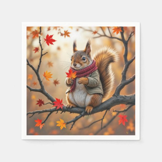 Serviette En Papier Écureuil tenant une feuille d'érable d'automne (Devant)