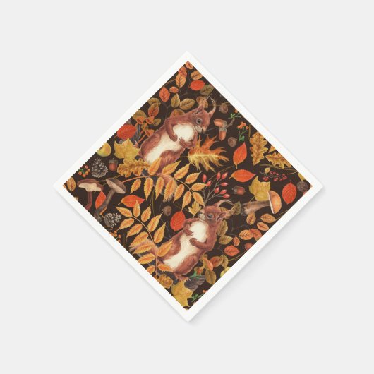 Serviette En Papier Écureuils automnaux et flore sur brun foncé (Coin)