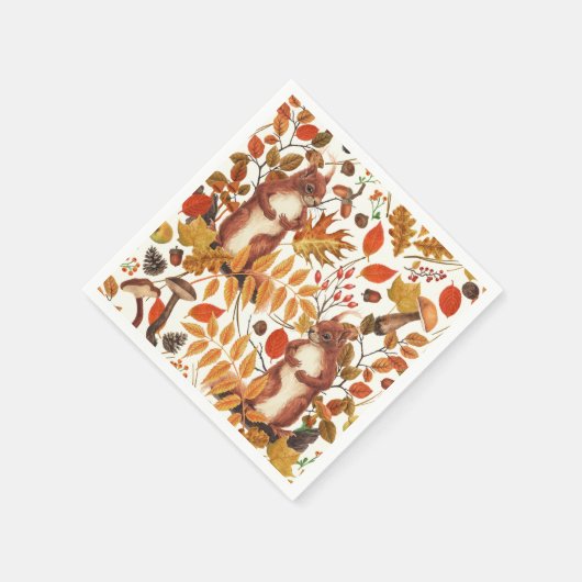 Serviette En Papier Écureuils d'automne et flore automnale sur le blan (Coin)