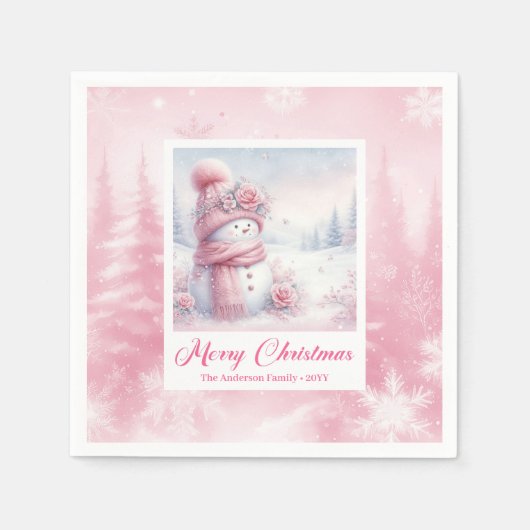 Serviette En Papier Editable Pink Snowman Kids Winter Scene Pinkmas (Devant)