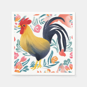 Serviette En Papier Edna le Coq Poulet Floral Aquarelle