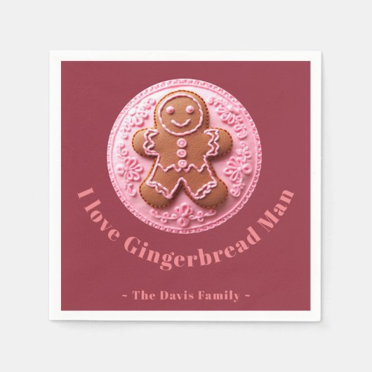 Serviette En Papier Effet Broderie Noël Gingerman Nom personnalisé (Devant)