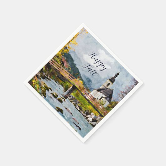 Serviette En Papier Eglise automnale et arbres avec texte personnalisa (Coin)