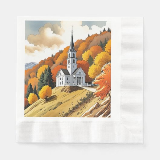 Serviette En Papier Église sur une colline en automne (Devant)
