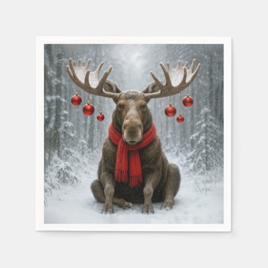 Serviette En Papier Élan de Noël dans une forêt enneigée (Devant)