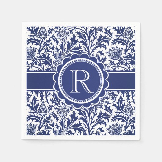 Serviette En Papier Elégance bleue et blanche William Morris Monogramm (Devant)