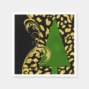 Serviette En Papier Élégance des fêtes en or noir et vert