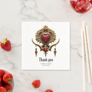 Serviette En Papier Élégance en lustre rouge avec un coeur orné.