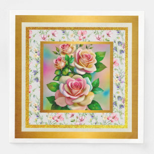 Serviette En Papier Élégance Roses roses et jaunes aquarelle pastel