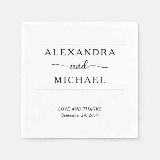Serviette En Papier Élégance simple | Mariage noir et blanc minimal (Devant)