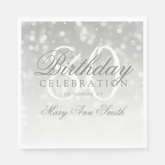 Serviette En Papier Élégant 80e anniversaire Silver Bokeh éclat (Devant)