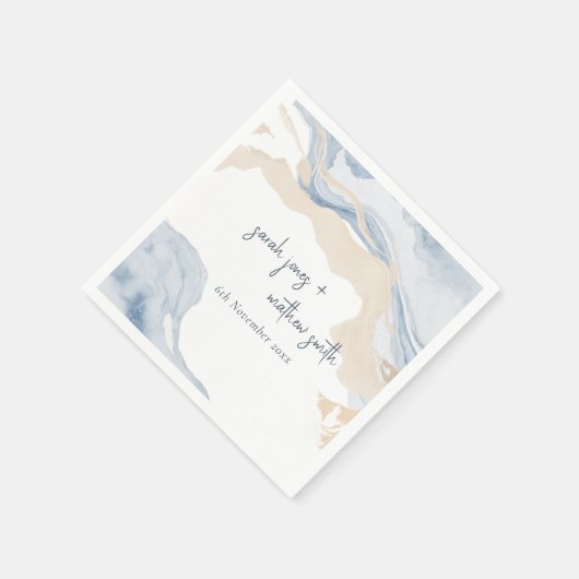 Serviette En Papier Elégant Abstrait Bleu Beige Côte Plage Mariage (Coin)