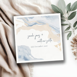 Serviette En Papier Elégant Abstrait Bleu Beige Côte Plage Mariage