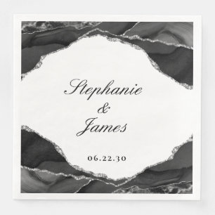 Serviette En Papier Élégant Agate noir Mariage à huile d'argent