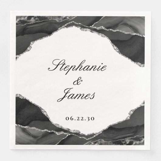 Serviette En Papier Élégant Agate noir Mariage à huile d'argent (Devant)
