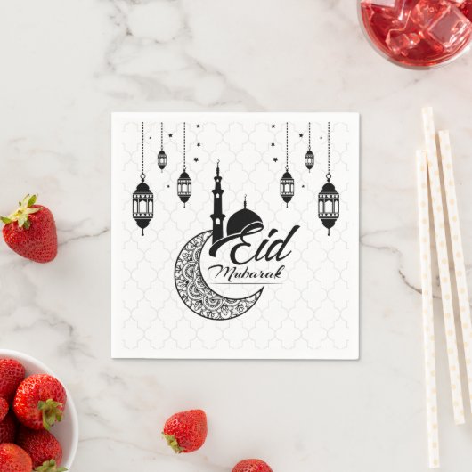 Serviette En Papier Elégant Aïd noir et blanc Moubarak (En situation)