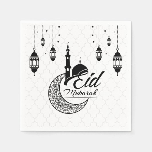 Serviette En Papier Elégant Aïd noir et blanc Moubarak (Devant)