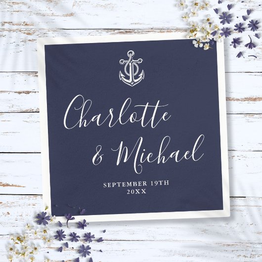 Serviette En Papier Élégant Ancre bleu marine Mariage nautique
